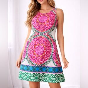 London Times Vibrant Colors Mosaic Print Shift dress Cotton size 8 Easter Spring